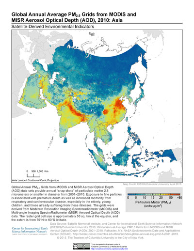 Map of annual average particulate matter concentrations in Asia in 2010