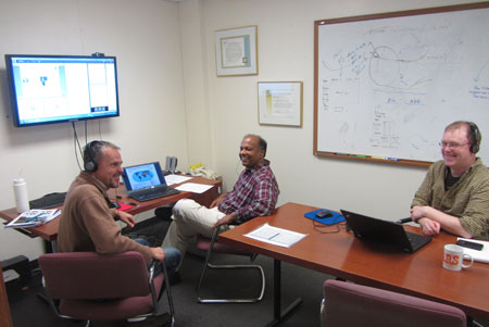 SEDAC staff members Alex de Sherbinin, Sri Vinay, and Joe Schumacher prepare for the November 20 NASA EarthData Webinar Webinar.