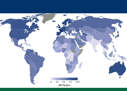 screenshot of global map on Environmental Performance Index 2018 report