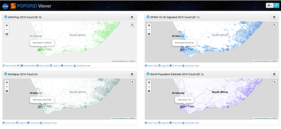 screenshot of four-panel view of different data sets